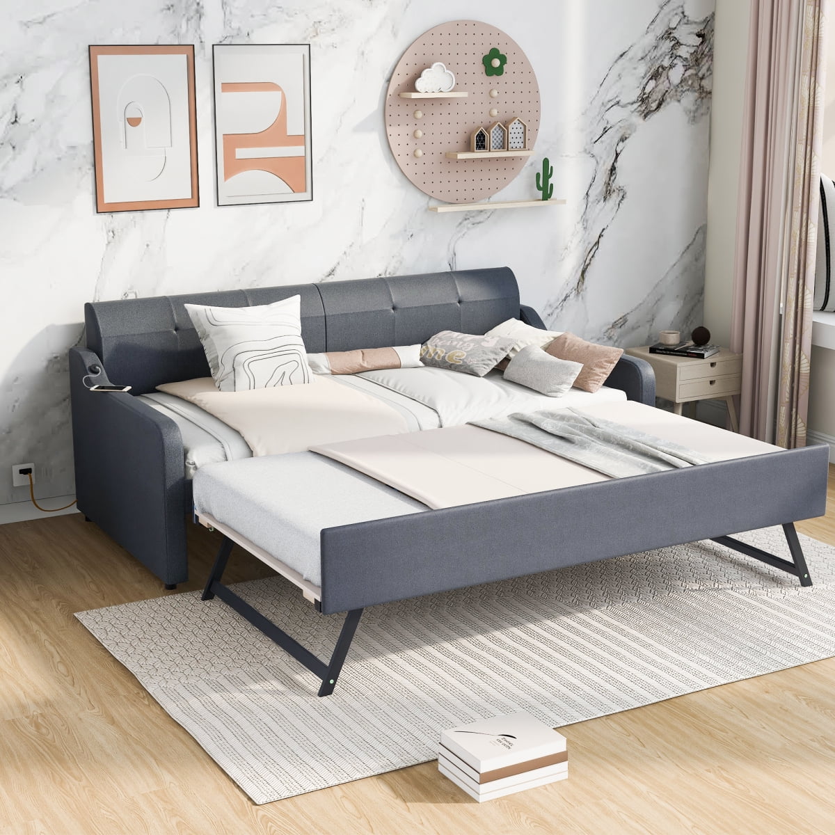 Twin Size Upholstery DayBed with Trundle and USB Charging Design ...