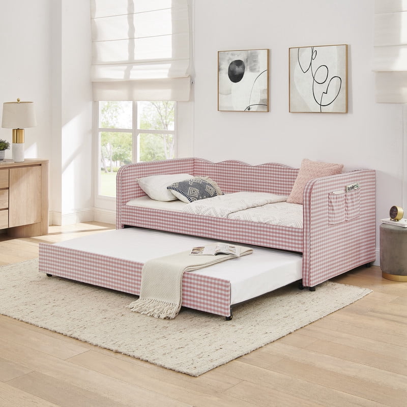 Twin Size Upholstery Daybed with Trundle, Twin to King Design Adorable Wave Shaped Extendable Gingham Sofa Bed for Living Room Bedroom, No Box Spring Required