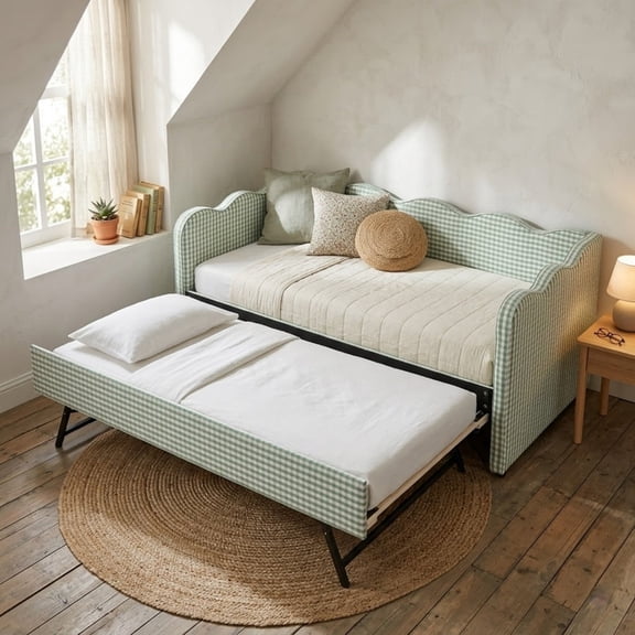 Twin Size Upholstery Daybed with Trundle and USB, Twin to King Design Adorable Wave Shaped Extendable Linen Sofa Bed Cozy Gingham Daybed, for Living Room and Bedroom