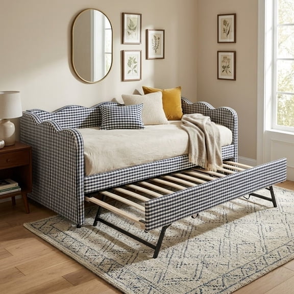 Twin Size Upholstery Daybed with Trundle and USB, Twin to King Design Adorable Wave Shaped Extendable Linen Sofa Bed Cozy Gingham Daybed, for Living Room and Bedroom
