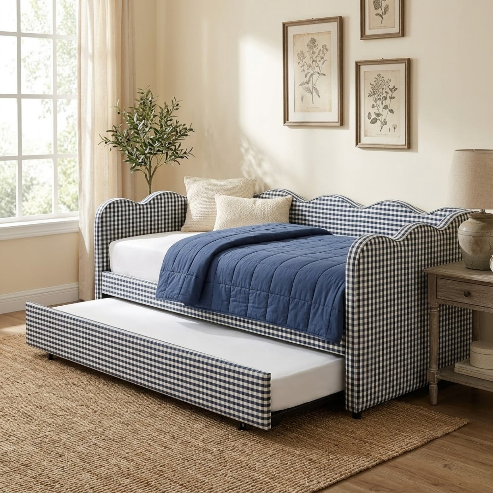 Twin Size Upholstery Daybed with Trundle and USB, Twin to King Design Adorable Wave Shaped Extendable Linen Sofa Bed Cozy Gingham Daybed, for Living Room and Bedroom