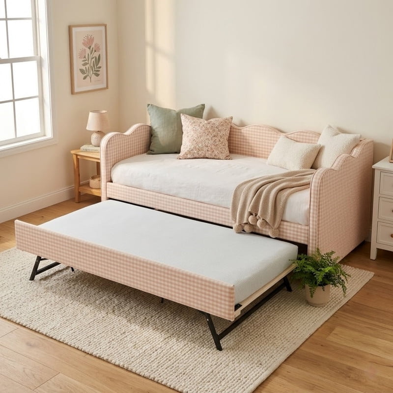 Twin Size Upholstery Daybed with Trundle and USB, Twin to King Design Adorable Wave Shaped Extendable Linen Sofa Bed Cozy Gingham Daybed, for Living Room and Bedroom