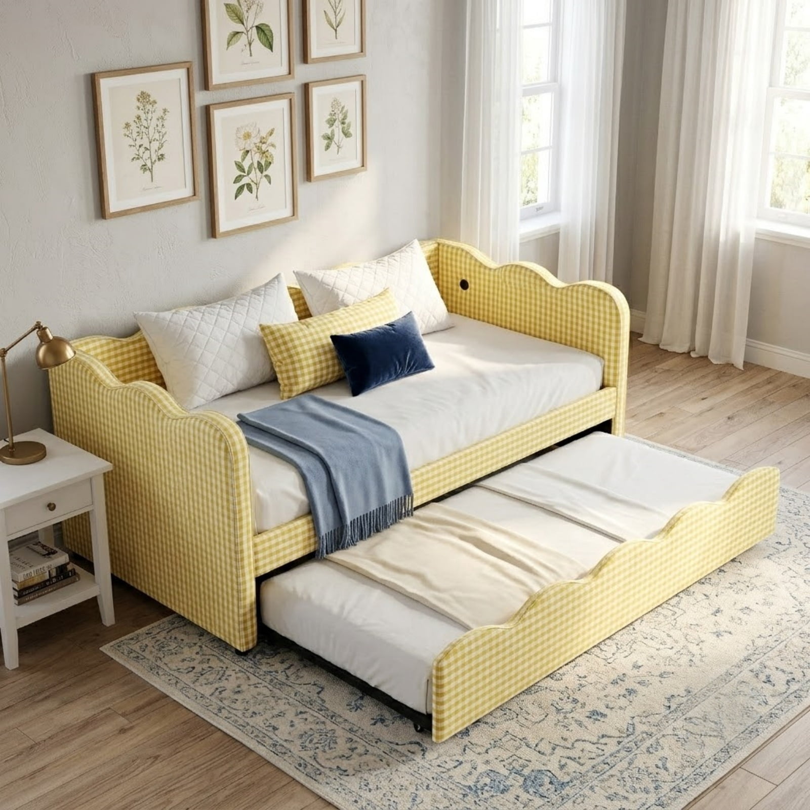 Twin Size Upholstery Daybed with Trundle and USB, Twin to King Design Adorable Wave Shaped Extendable Linen Sofa Bed Cozy Gingham Daybed, for Living Room and Bedroom
