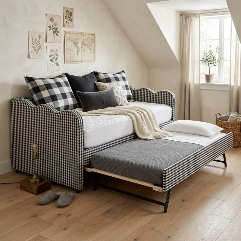 Twin Size Upholstery Daybed with Trundle and USB, Twin to King Design Adorable Wave Shaped Extendable Linen Sofa Bed Cozy Gingham Daybed, for Living Room and Bedroom