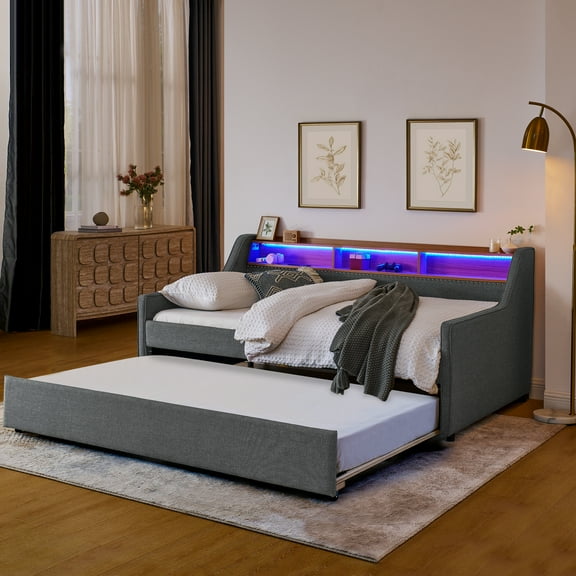 Twin Size Upholstery Sofa Bed with Three LED lights, with Storage Adjustable Headboard, with Foldable Leg Pull up Trundle Bed and Wireless Charging Sofa Bed frame