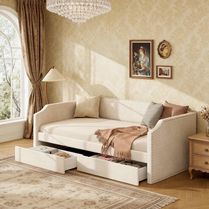 Twin Size Velvet Classic Daybed with 2 Drawers, Upholstered Sofa Bed Frame with Nailhead Trim, Multi-functional Platform Bed