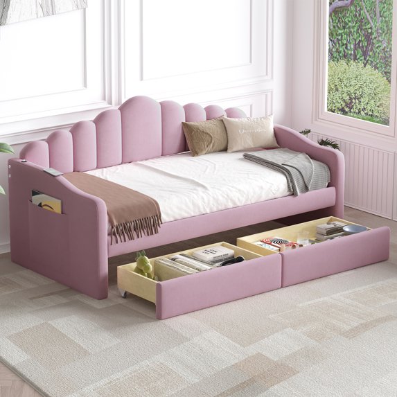 Twin Size Velvet Daybed, Modern Multi-Function Upholstered Sofa Bed Frame with 2 Drawers, USB Charging Ports and 2 Pockets, Wooden Platform Bed Frame for Living Room, Bedroom, Apartment, Pink
