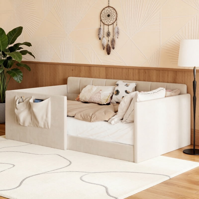Twin Size Velvet Daybed with 2 Storage Pockets, Upholstered Guest Sofa Bed Frame with High & Padded Backrest