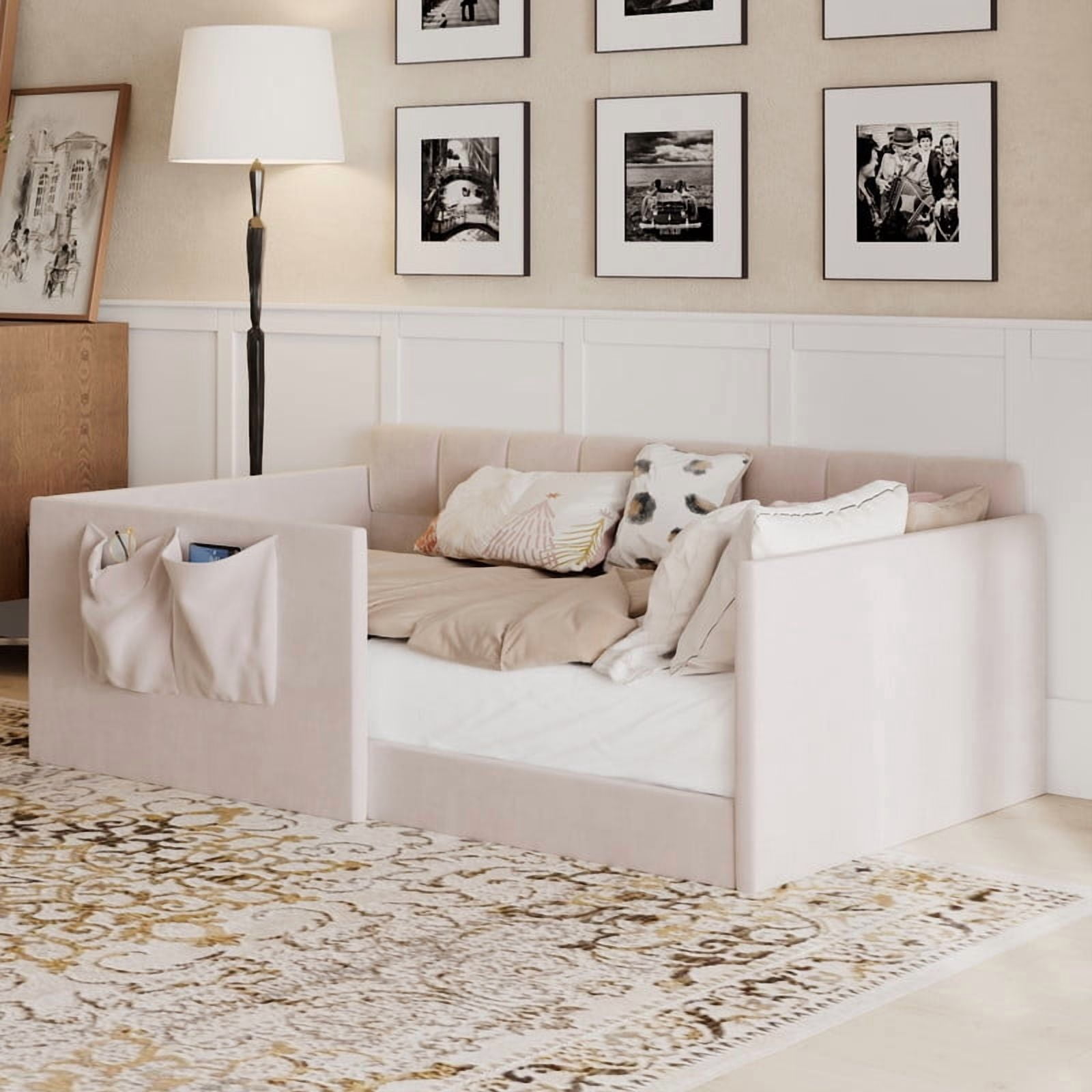 Twin Size Velvet Daybed with 2 Storage Pockets, Upholstered Guest Sofa Bed Frame with High & Padded Backrest