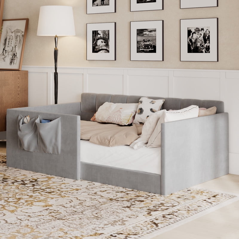 Twin Size Velvet Daybed with 2 Storage Pockets, Upholstered Guest Sofa Bed Frame with High & Padded Backrest