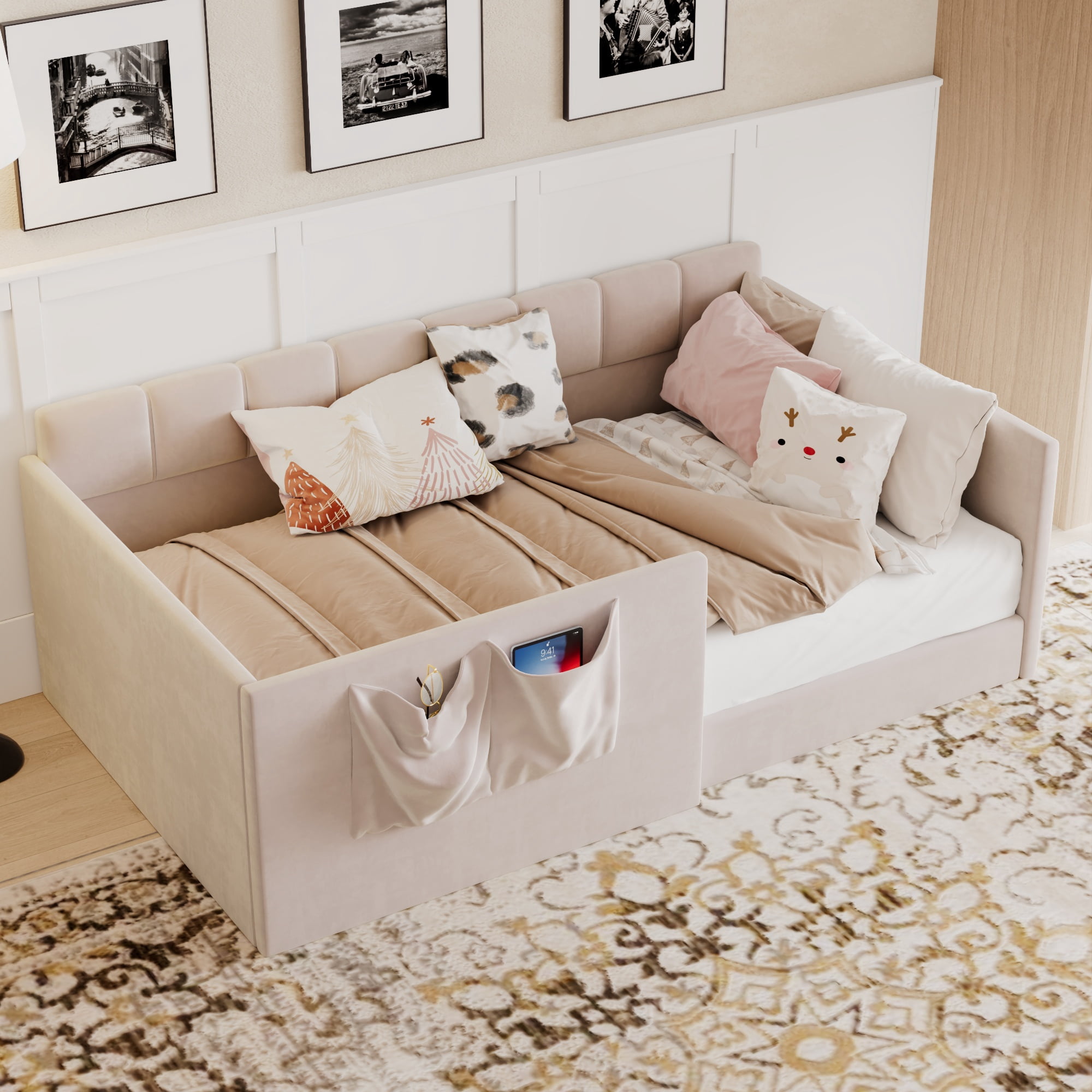 Twin Size Velvet Daybed with Storage Pockets and Walk-In Entrance, Upholstered Sofa Bed with High Side Panels for Guest Room and Small Spaces, Pink