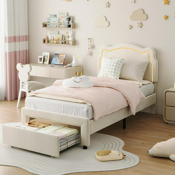 Twin Size Velvet Princess Platform Bed Frame, Smart LED Headboard, Storage Drawer, Wooden Slats, No Box Spring, Beige