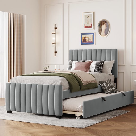 Twin Size Velvet Upholstered Bed With Trundle, Gray - Versatile Bedroom Solution Trundle Decorative Details