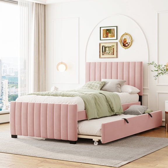 Twin Size Velvet Upholstered Bed With Trundle In Faint Pink - Frame, Extra Sleeping Facility Space Efficient, Practical Bedroom