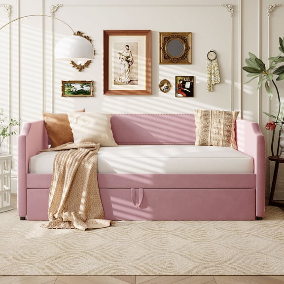 Twin Size Velvet Upholstered Daybed with Pop Up Trundle, Pink