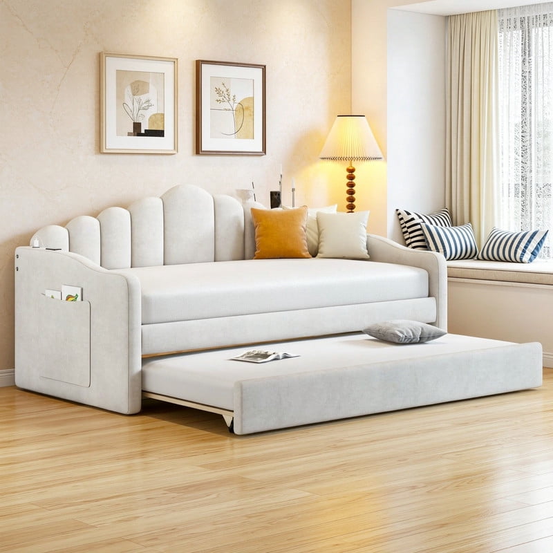 Twin Size Velvet Upholstered Daybed with Trundle, Low Profile Sofa Bed Frame with USB Ports & Curved Backrest