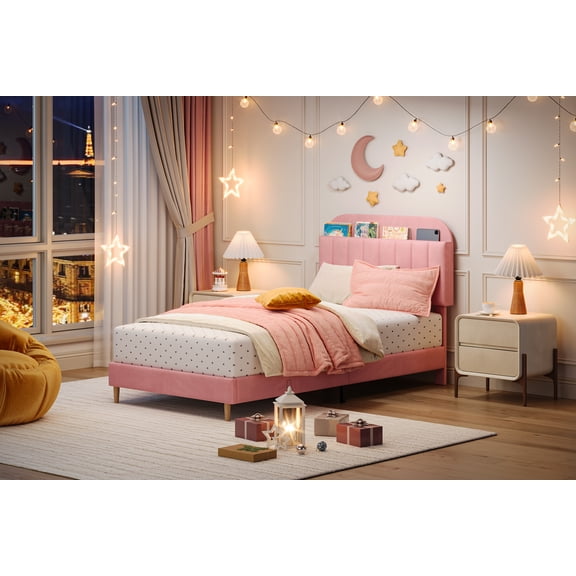 Twin Size Velvet Upholstered Platform Bed Frame with Storage Headboard, Durable Wooden Slats, Quiet Design, Easy Assembly, No Box Spring Required