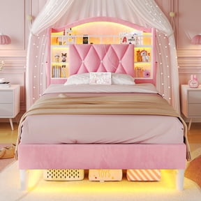 Twin Size Velvet Upholstered Platform Bed with LED Lights and Charging Station, Princess Bed Frame With LED Lights Headboard,Guardrail,Crystal Button, No Box Spring Needed,Pink