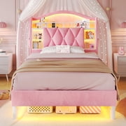 Twin Size Velvet Upholstered Platform Bed with LED Lights and Charging Station, Princess Bed Frame With LED Lights Headboard,Guardrail,Crystal Button, No Box Spring Needed,Pink