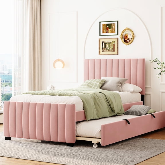 Twin Size Velvet Upholstered Platform Bed With Trundle In Pink - No Box Spring Required, & For Comfortable Sleep Solid , Versatile Design