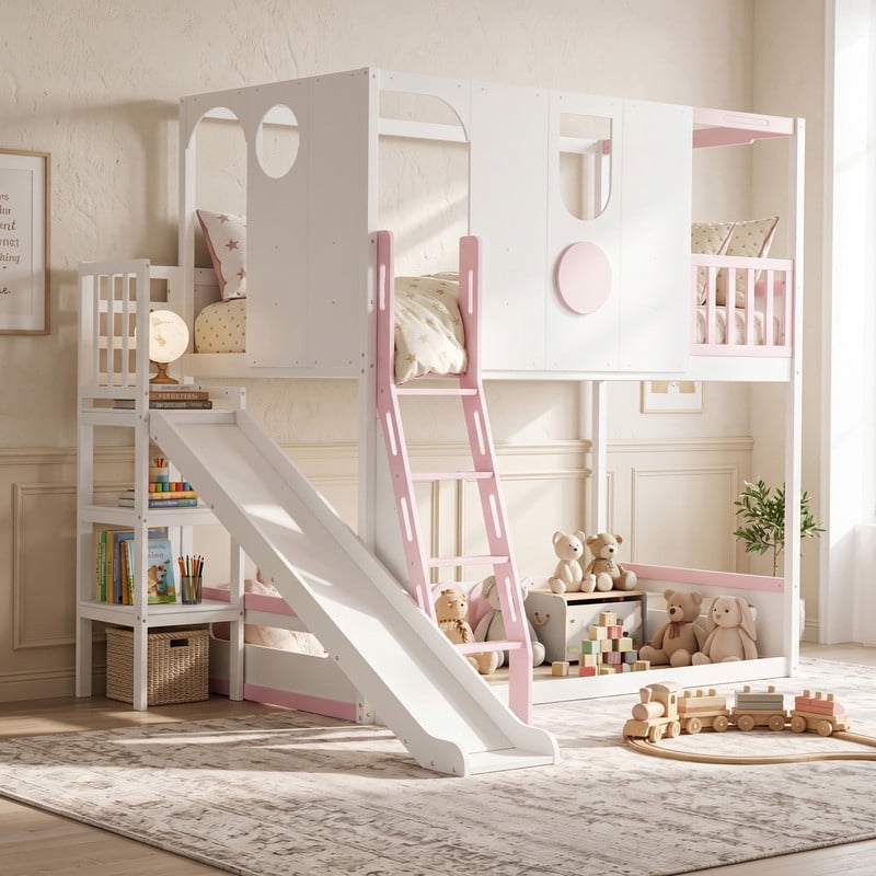 Twin Size Versatile Kids Loft/Bunk Bed with Floor Bed, House Bed Frame with Slide, Storage Shelves and Guardrails