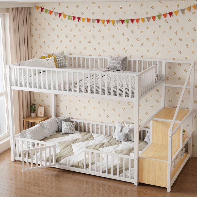 Twin Size Versatile Loft Bed with No Slat Floor Bed & Safety Guardrails, Kids Storage Bunk Bed Frame with Stair