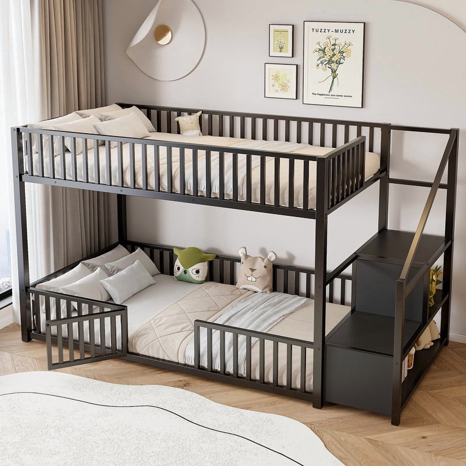 Twin Size Versatile Loft Bed with No Slat Floor Bed & Safety Guardrails, Kids Storage Bunk Bed Frame with Stair