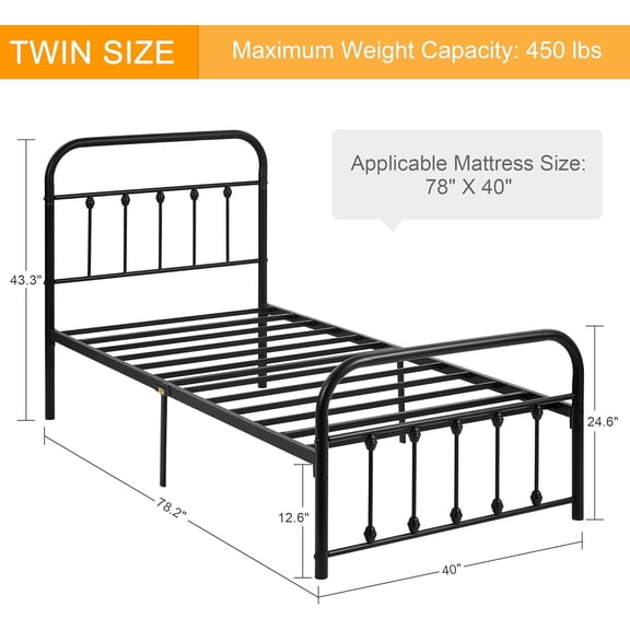 Twin Size Victorian Style Metal Bed Frame with Headboard and Footboard, Classic Platform Mattress Foundation with Under Bed Storage, No Box Spring Needed, Black