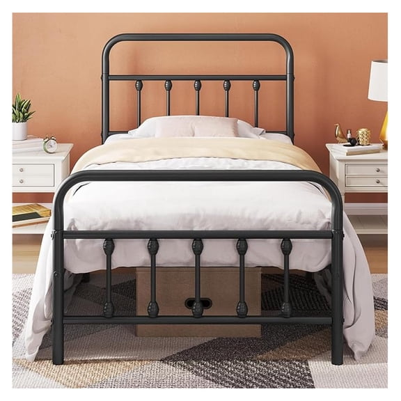 Twin Size Victorian Style Metal Bed Frame with Headboard/Mattress Foundation/No Box Spring Needed/Under Bed Storage/Strong Slat Support Black