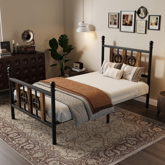 Twin Size Vintage Metal Bed Frame,Headboard & Footboard, Sturdy Platform, Under Bed Storage, Noise-Free, Easy Assembly, No Box Spring,Brown