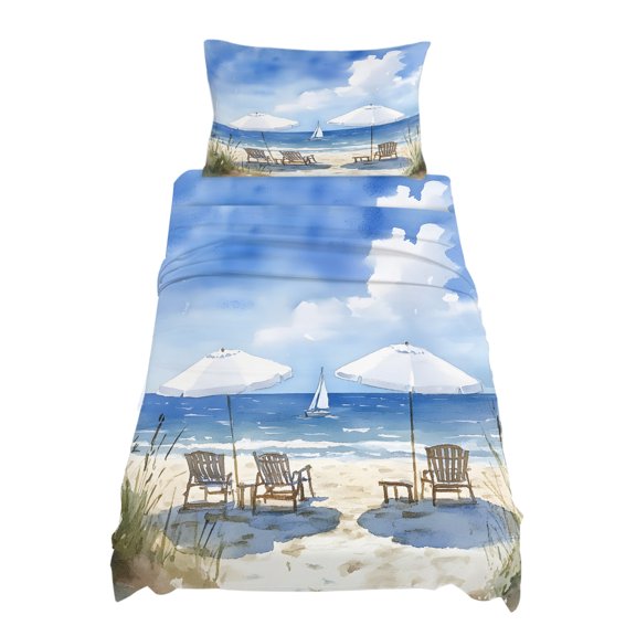 Twin Size Watercolor Summer Beach Sheet Sets Sun Umbrella Beach Chair Soft Breathable Microfiber Bed Sheets Deep Pockets 4 Piece Bed Sheets Set, 1 Fitted Sheet, 1 Flat Sheet & 1 Pillowcases