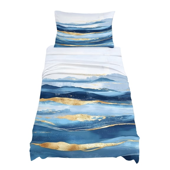 Twin Size Wave Effect Art Sheet Sets Blue Waves with Golden Graffiti Art Soft Breathable Microfiber Bed Sheets Deep Pockets 4 Piece Bed Sheets Set, 1 Fitted Sheet, 1 Flat Sheet & 1 Pillowcases