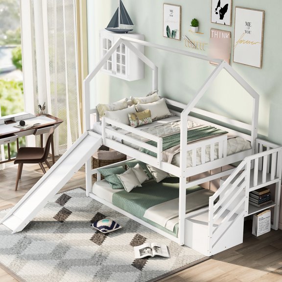 Twin Size White Bunk Bed - Left or Right Convertible Slide - Family Bedroom - Enhanced Safety with Guardrails