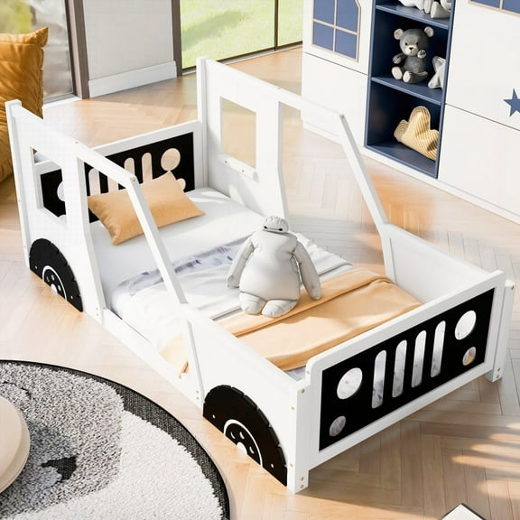 Twin Size White Car-Shaped Platform Bed with Wheels and Fun Decorative Details