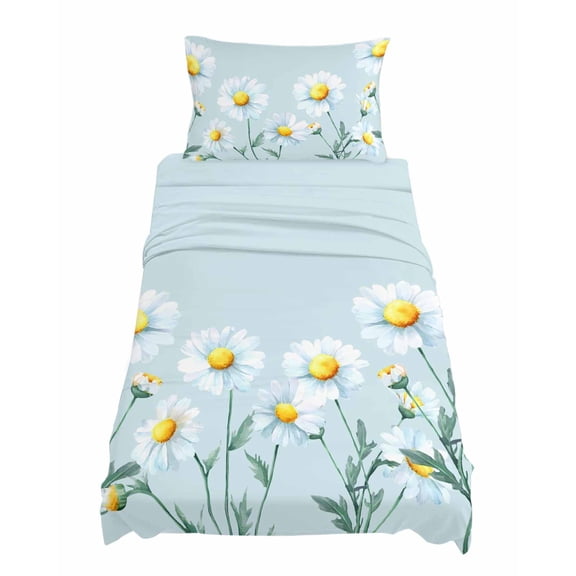 Twin Size White Daisy Sheet Sets Country Farm White Floral Daisy Plant Light Blue Soft Breathable Microfiber Bed Sheets 4 Piece Bed Sheets Set, 1 Fitted Sheet, 1 Flat Sheet & 1 Pillowcases