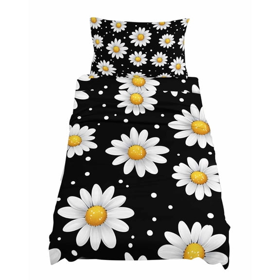 Twin Size White Daisy Sheet Sets Flowers Black Background Modern Art Soft Breathable Microfiber Bed Sheets Deep Pockets 4 Piece Bed Sheets Set, 1 Fitted Sheet, 1 Flat Sheet & 1 Pillowcases