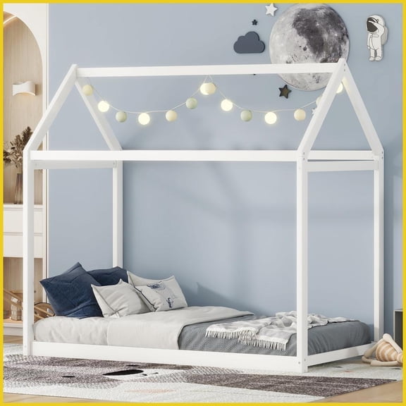 Twin Size White House Platform Bed - Pine Wood & MDF, No Box Spring Needed, Easy Assembly