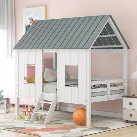 Twin Size White Pine Wood Low Loft House Bed with Roof & 2 Windows - Safe, Durable Playhouse for Bedroom Fun & Cozy Sleep, No Box Spring Needed