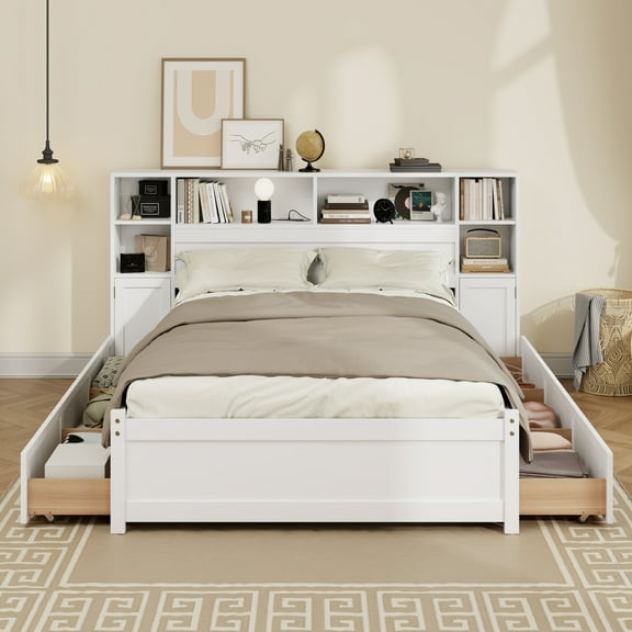 Twin Size White Wooden Storage Bed with Tall Extended Bookcase Headboard, 6 Drawers & Charging Station, No Box Spring Needed (for Teens Adults)