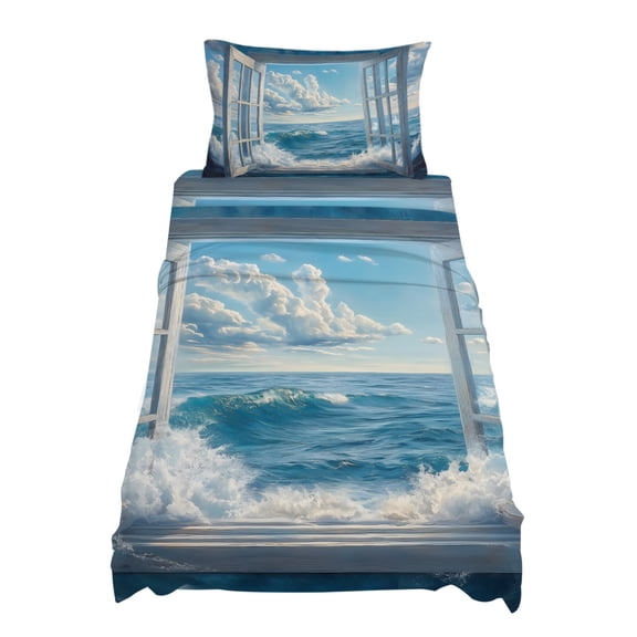 Twin Size Window On The Ocean Sheet Sets Wave Cloud Soft Breathable Microfiber Bed Sheets Deep Pockets 4 Piece Bed Sheets Set, 1 Fitted Sheet, 1 Flat Sheet & 1 Pillowcases