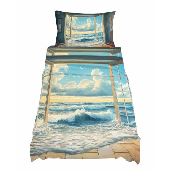 Twin Size Window On The Ocean Sheet Sets Wave Cloud Summer Scenery Soft Breathable Microfiber Bed Sheets Deep Pockets 4 Piece Bed Sheets Set, 1 Fitted Sheet, 1 Flat Sheet & 1 Pillowcases