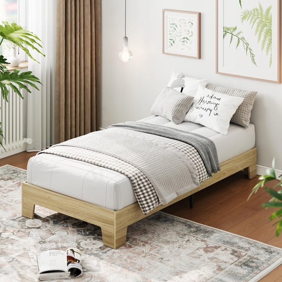 Twin Size Wood Bed Frame, Platform Bed Frame with 4 Strong Wooden Slat and 8 Metal Slat Support, Without Headboard, No Box Spring Needed