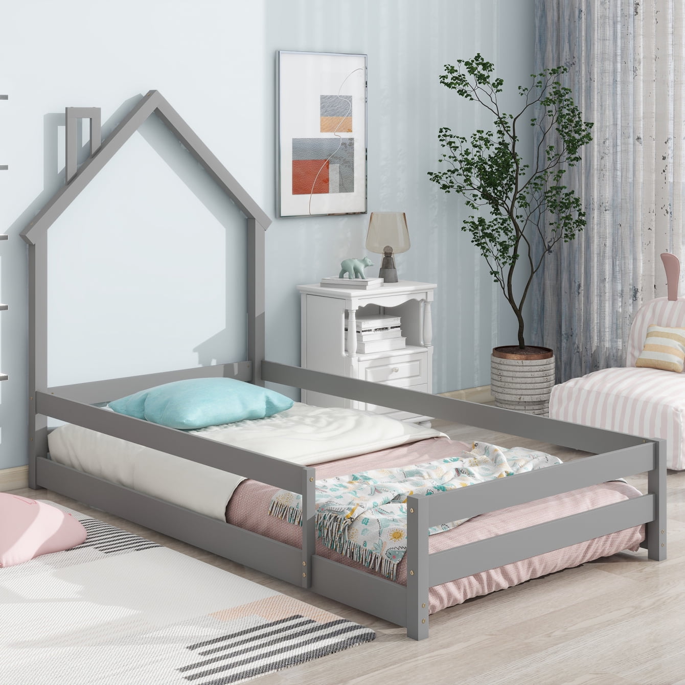 Twin Size Wood Bed Frame with House-Shaped Headboard, Floor House Bed ...