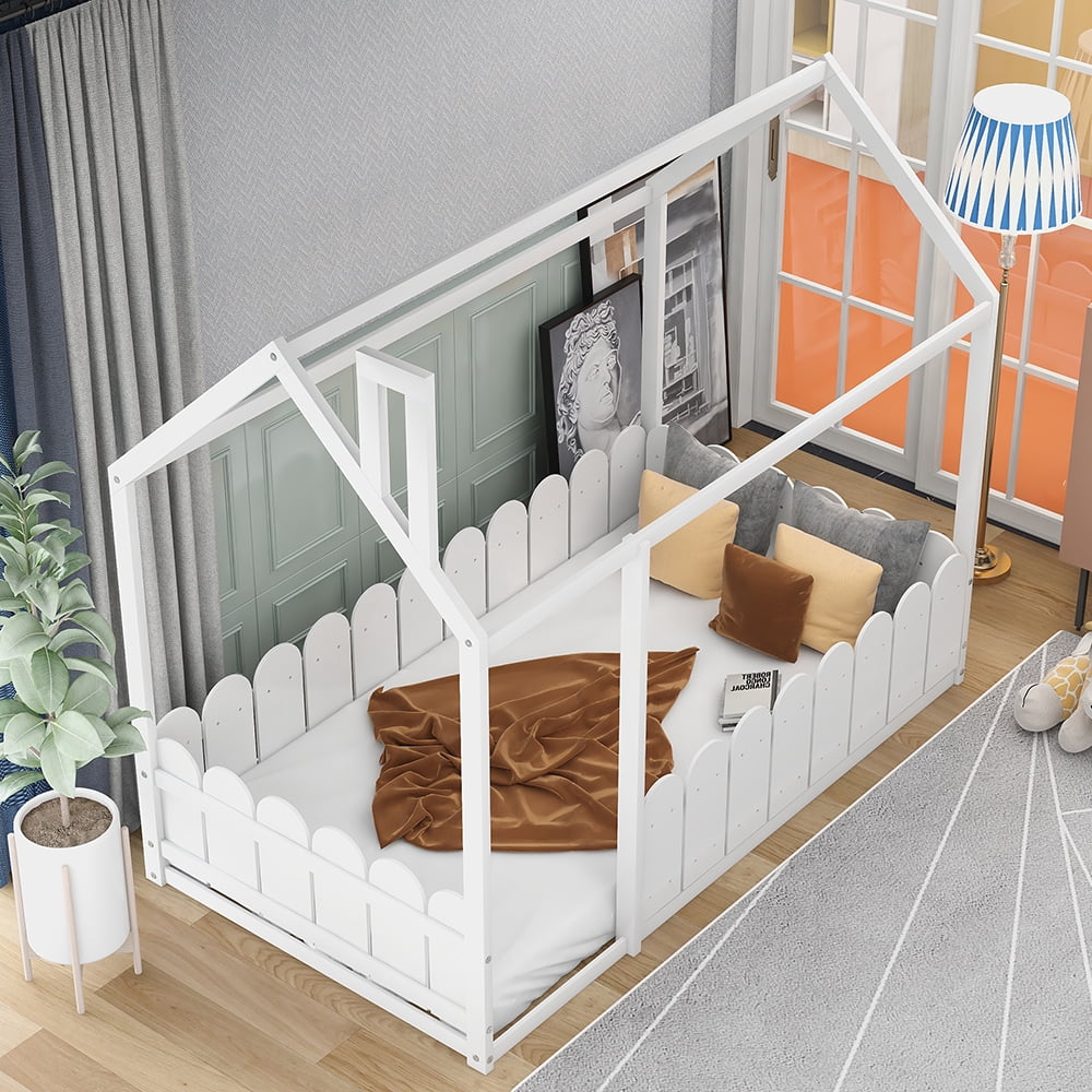 Hommoo Twin Size Wood Bed, House Bed Frame with Fence for Kids, Teens, Girls, Boys (White)