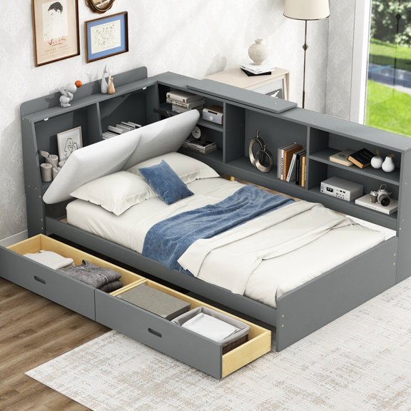 Twin Size Wood Bed with Rotatable Storage Board / Enables In - Bed Entertainment and Efficient Storage