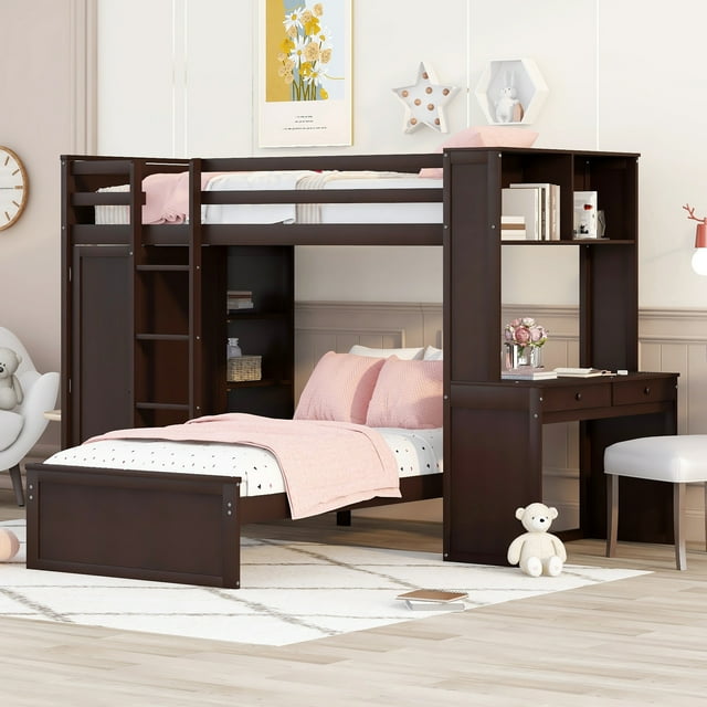 Twin Size Wood Convertible Bunk Bed with Storage Drawers and Shelves ...