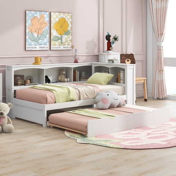 Twin Size Wood Daybed Bed with Trundle, Storage Cabinets, Wood Slats Support, Platform Bed with Shelves and Twin Size Trundle, No Box Spring Needed, Easy Assembly(White, Twin)