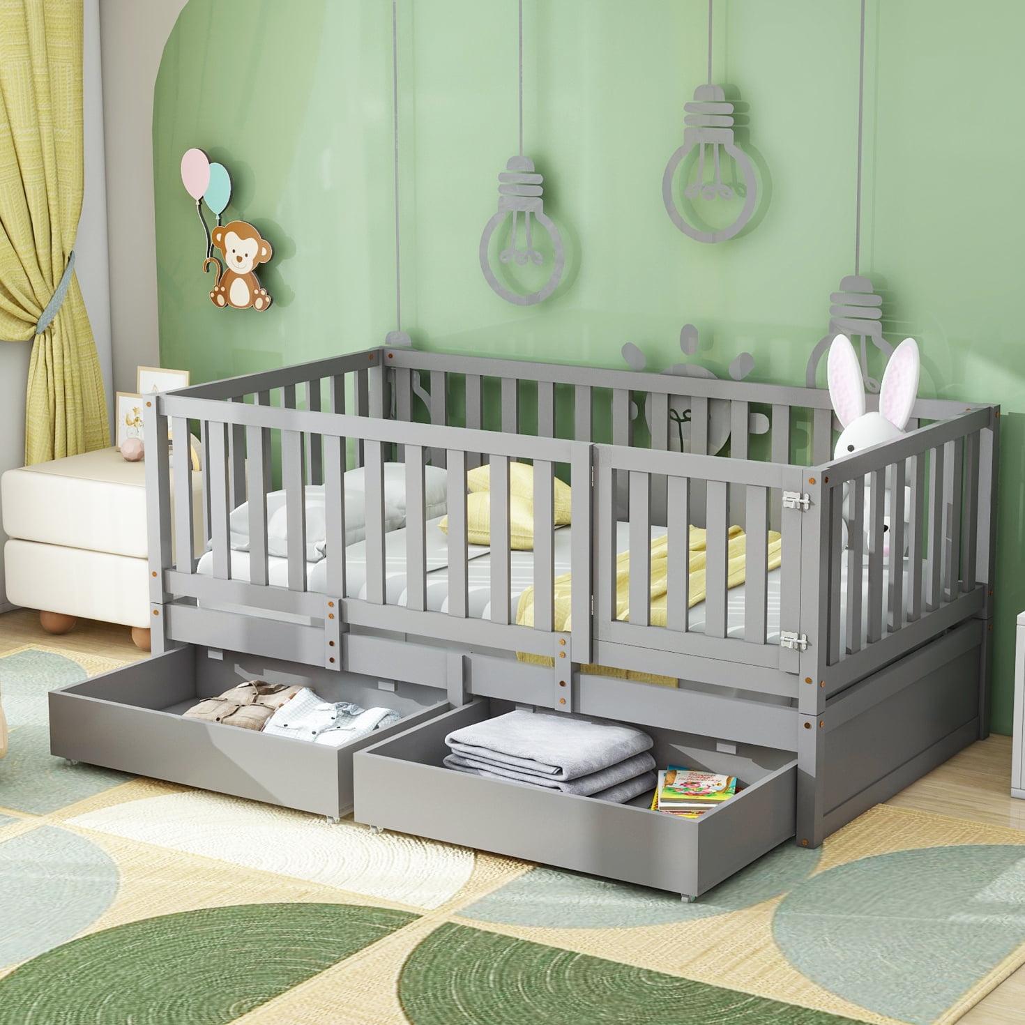 Twin Size Wood Daybed, Wood Twin Daybed Frame Montessori Bed with Storage Drawers and Rails