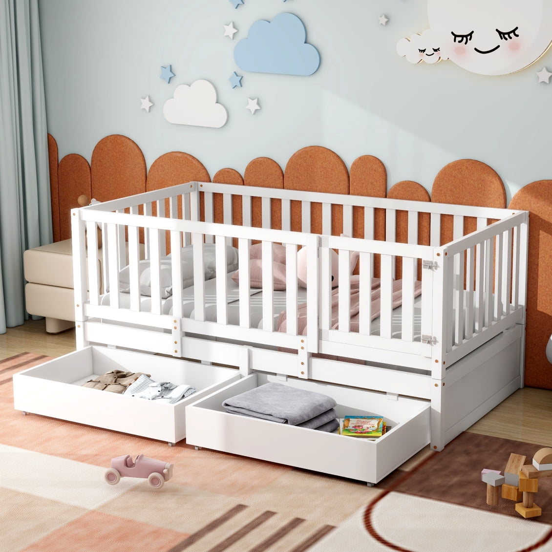 Twin Size Wood Daybed, Wood Twin Daybed Frame Montessori Bed with Storage Drawers and Rails
