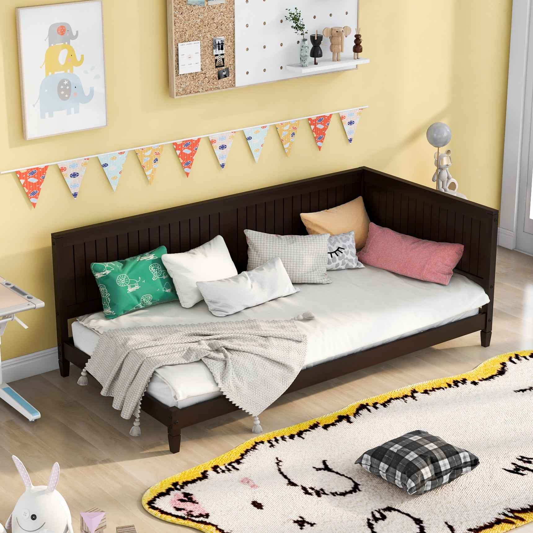 Twin Size Wood Daybed, MidCentury Modern Day Bed with Wood Frame, Comfy Sofa Bed with Backrest